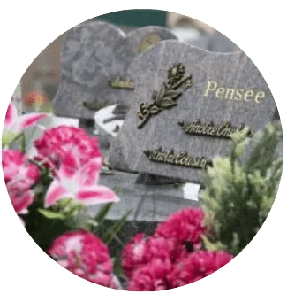 Plaques funéraires en granit posées auprès d'un bouquet de fleurs roses et fuchsias.