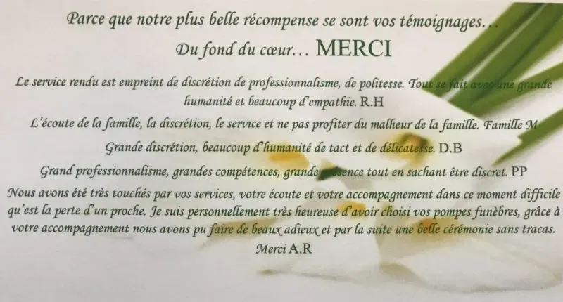 Carte de remerciements regroupant plusieurs témoignages de familles